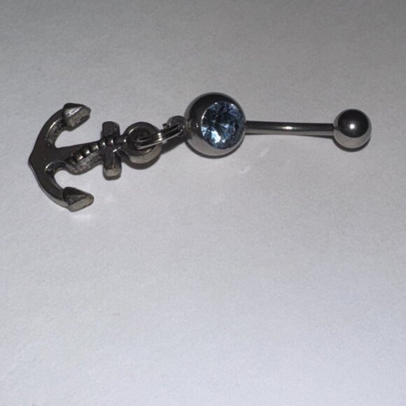Small Anchor with Light Blue Gem Dangle Belly Ring - Picture 6 of 13